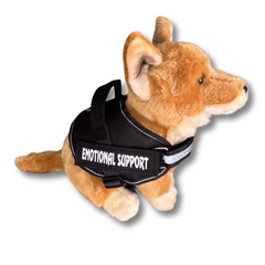 Dorgi Plushie  Living Nature Brand - wearing a black emotional support vest - emotional support stuffed animal - side view