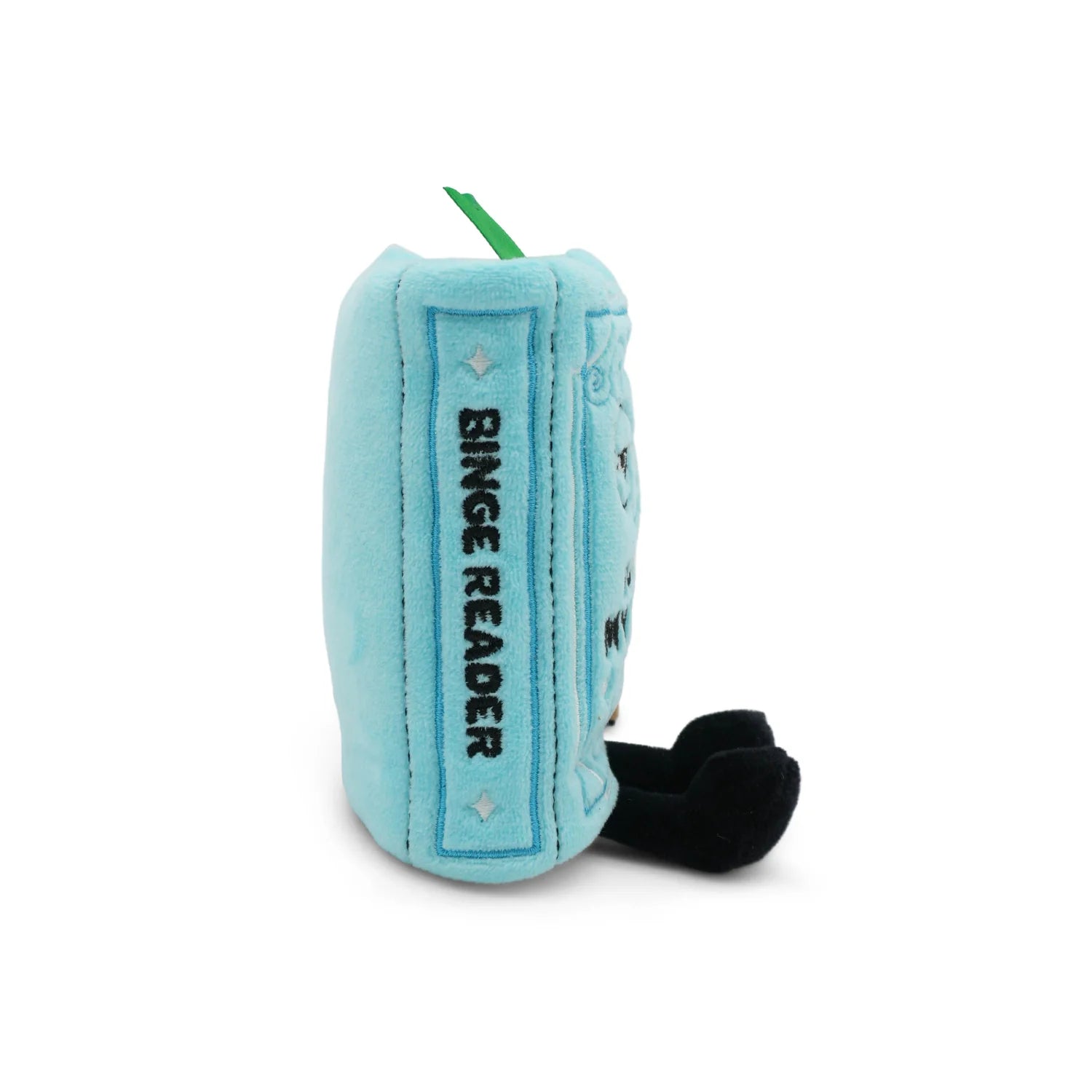 Blue plush toy with 'Binge Reader' text on a white background