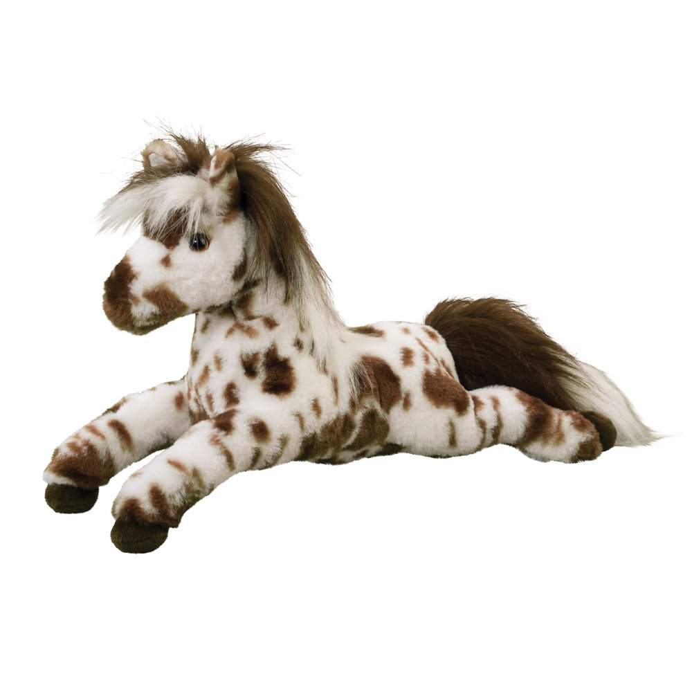 Plush toy horse with brown and white pattern on a white background