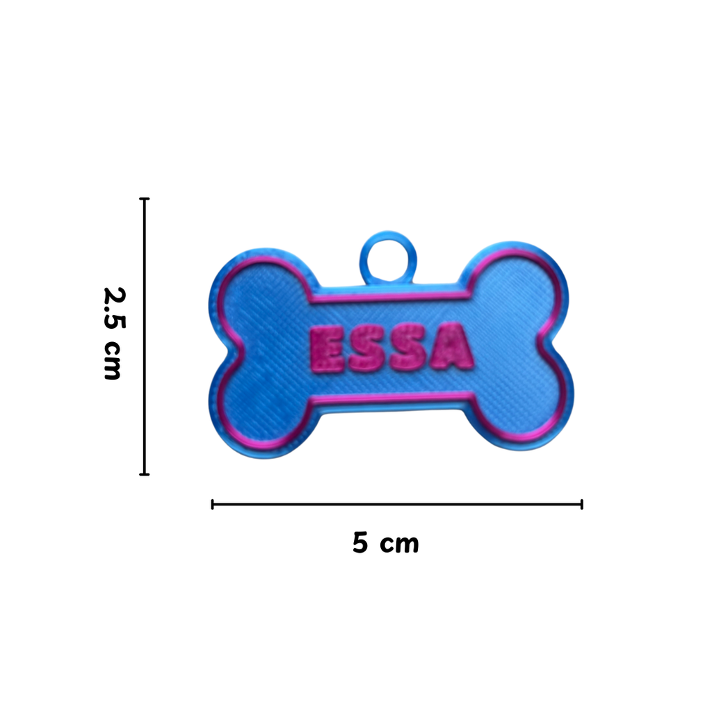 Blue bone-shaped pet tag with 'ESSA' engraved, showing dimensions on a white background.