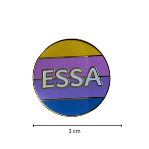 A circular enamel pin with the word 'ESSA' in white outlined letters over horizontal yellow, purple, and blue stripes, shown on a white background with a 3 cm width marker below.