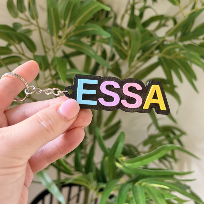 A hand holding a black rubber keychain with the name 'ESSA' in pastel blue, pink, gray, and yellow letters, with a green potted plant in the background.