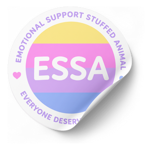 A circular sticker with a peeled-down lower right corner, featuring the text 'EMOTIONAL SUPPORT STUFFED ANIMAL' and 'EVERYONE DESERVES' around a pastel pansexual pride flag design with 'ESSA' in the center.