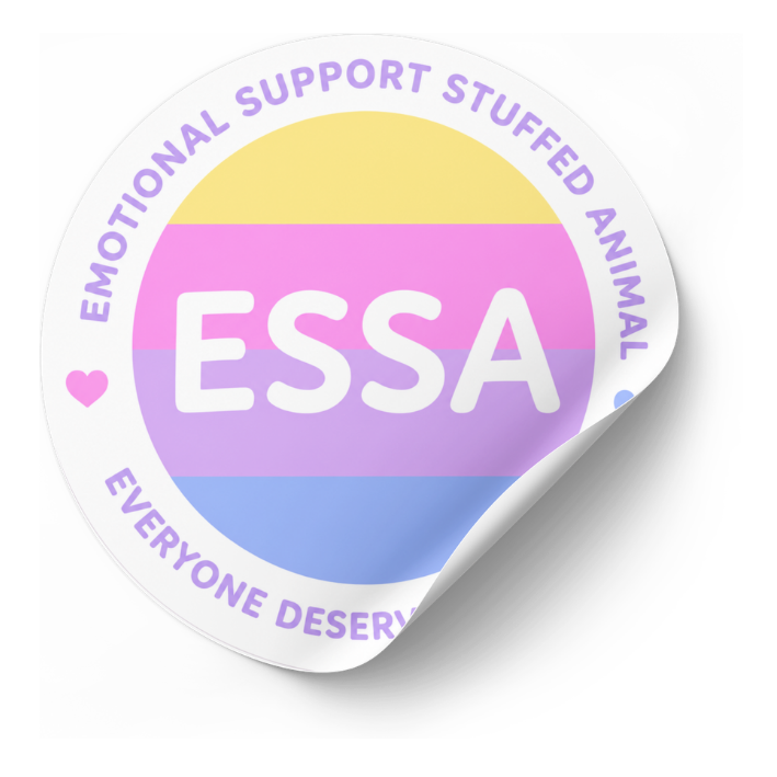 A circular sticker with a peeled-down lower right corner, featuring the text 'EMOTIONAL SUPPORT STUFFED ANIMAL' and 'EVERYONE DESERVES' around a pastel pansexual pride flag design with 'ESSA' in the center.