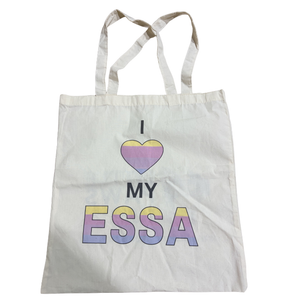 Tote bag with 'I ❤️ MY ESSA' text and heart design on a white background