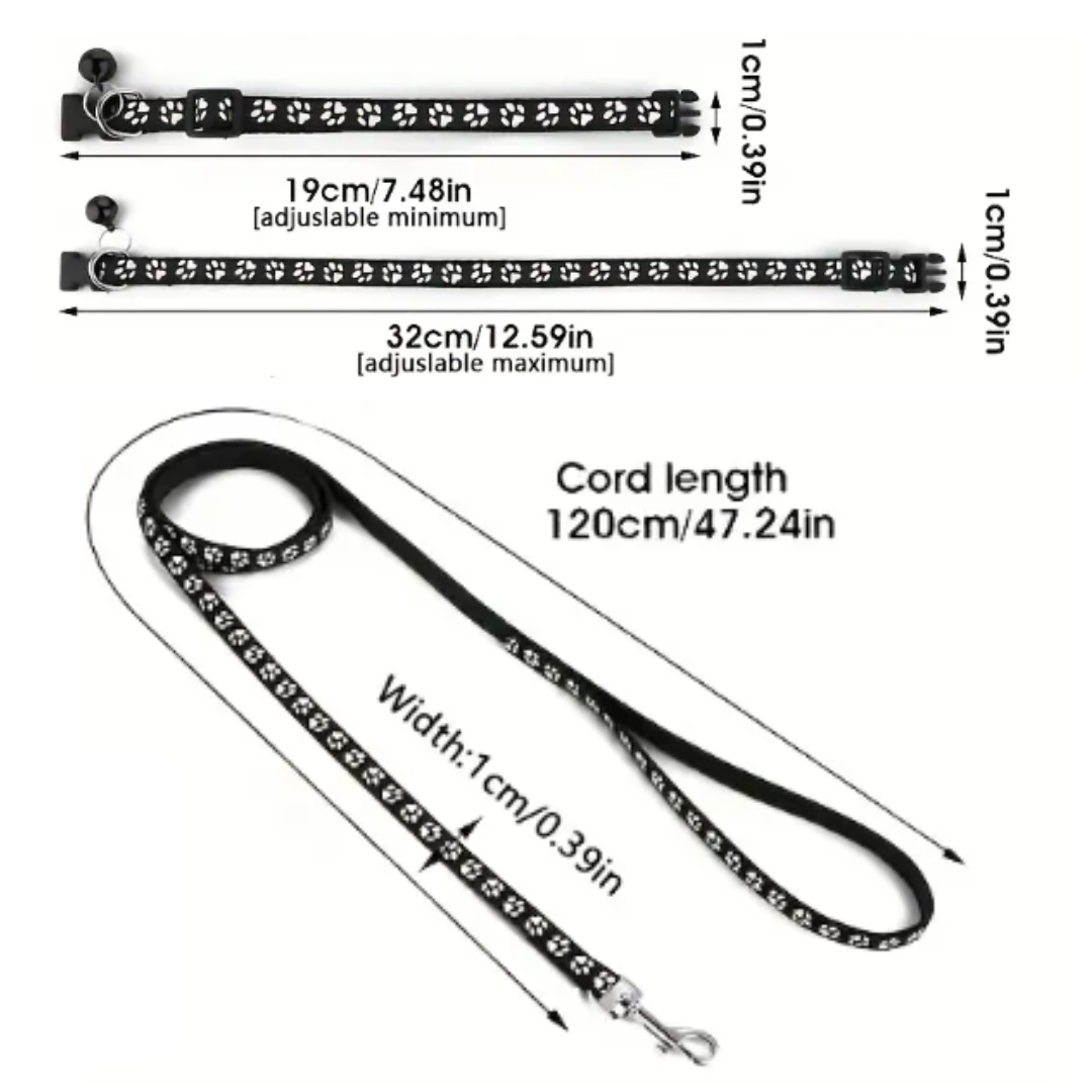 Measurement chart of a black dog leash with paw print pattern on a white background