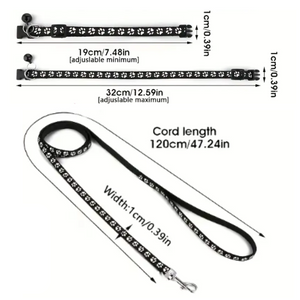 Measurement chart of a black dog leash with paw print pattern on a white background