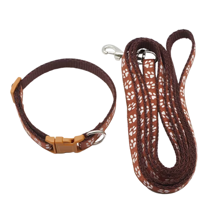 Brown dog collar and leash set with paw pattern on a white background