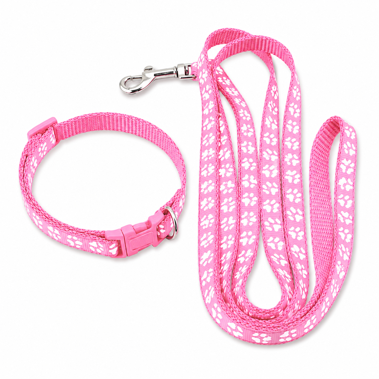 Pink pet collar and matching leash set with white paw print pattern and silver metal hardware, shown on a plain white background.