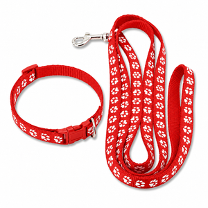 Red dog collar and matching leash set with a repeating white paw print pattern and a silver metal clasp, shown on a plain white background.