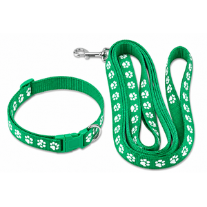 A green dog collar and matching leash set with a white paw print pattern, displayed on a clean white background.