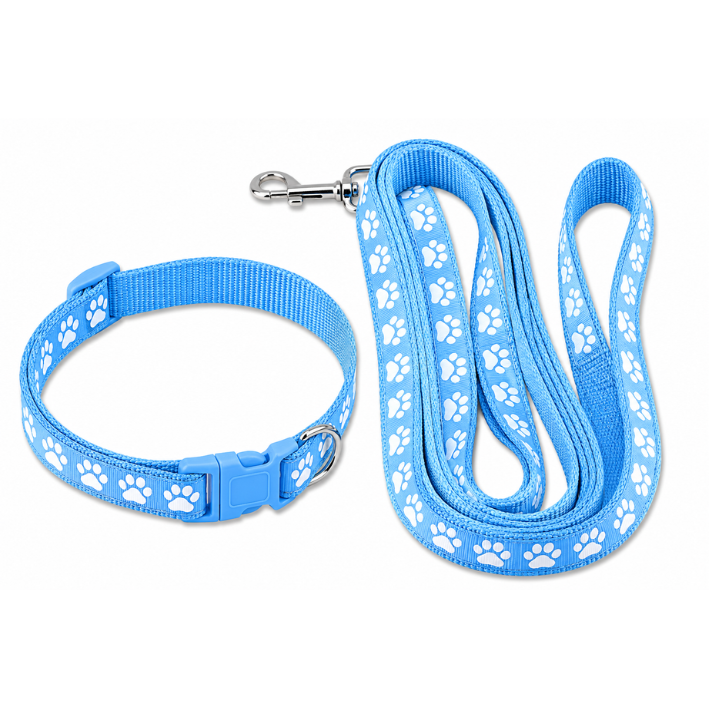 A light blue pet collar and matching leash set with white paw print patterns, displayed on a clean white background.
