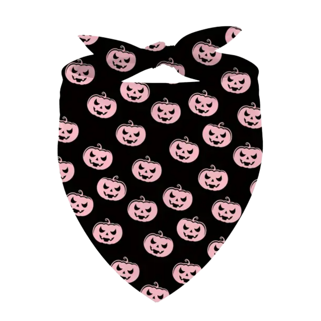 Black bandana with pink pumpkin patterns on a white background