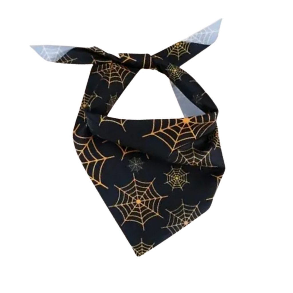 Black bandana with gold spider webs on a white background