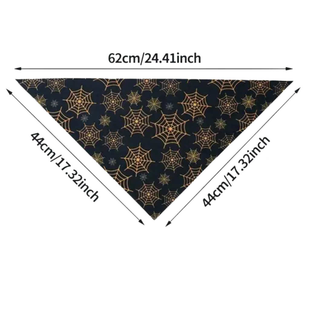 Halloween-themed triangular bandana with spider web pattern and measurements on a white background