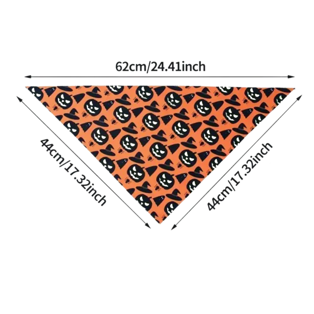 Halloween-themed bandana with measurements on a white background