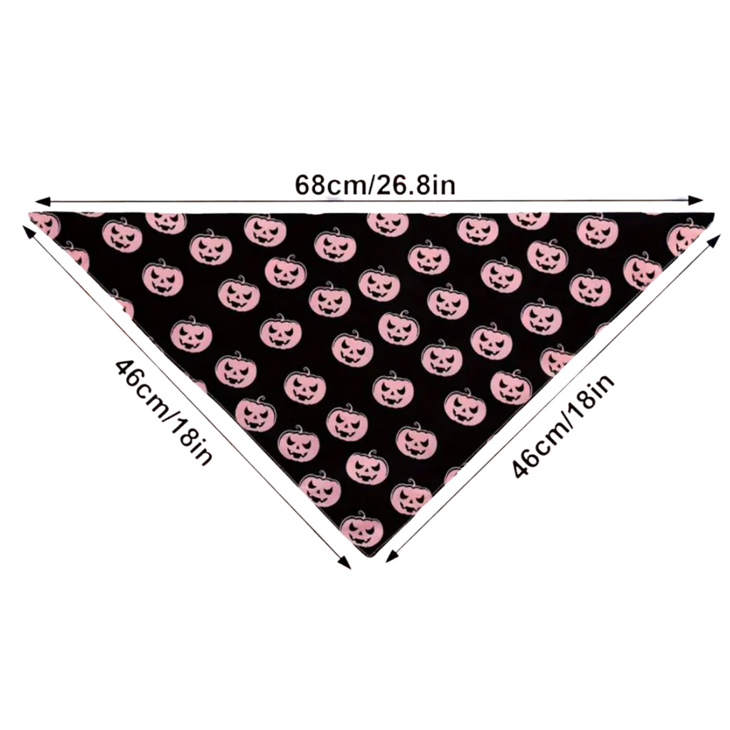 Black bandana with pink pumpkins and ghosts pattern, shown with measurements.
