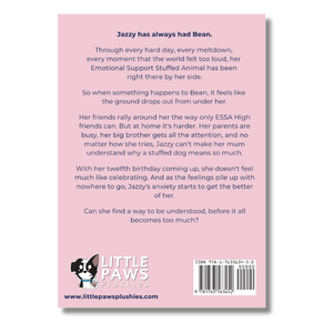 The back cover of a book titled 'Jazzy has always had Bean' by Little Paws Plushies, featuring a light pink background with black text, a cartoon illustration of a poodle, and a barcode at the bottom.