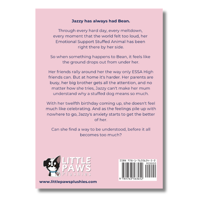 The back cover of a book titled 'Jazzy has always had Bean' by Little Paws Plushies, featuring a light pink background with black text, a cartoon illustration of a poodle, and a barcode at the bottom.