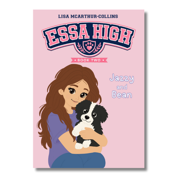 Front cover of the book 'Essa High: Book Two' by Lisa McArthur-Collins, featuring a pink background with the title in large navy and pink lettering and an illustration of a girl hugging a small black-and-white dog.
