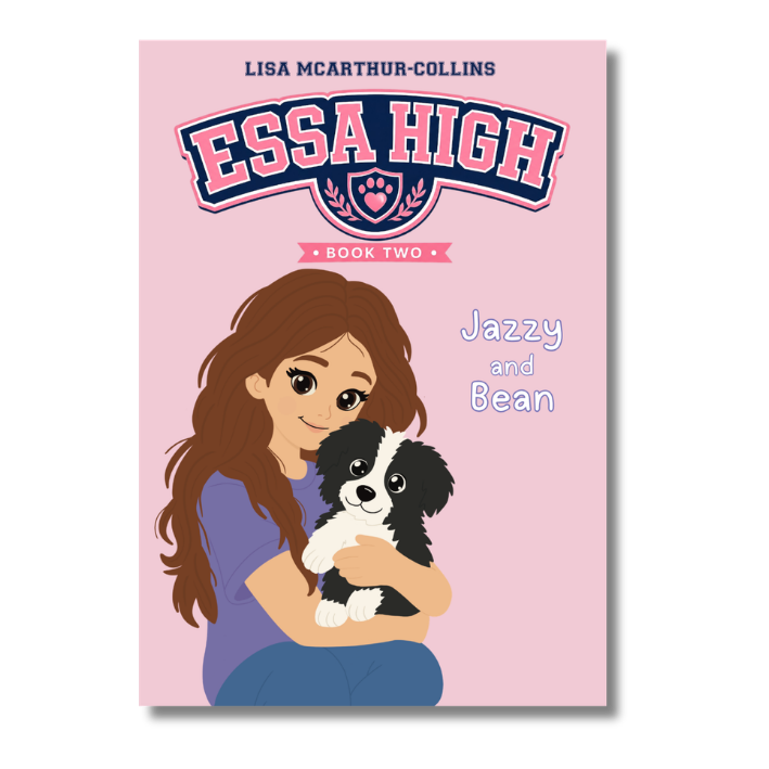 Front cover of the book 'Essa High: Book Two' by Lisa McArthur-Collins, featuring a pink background with the title in large navy and pink lettering and an illustration of a girl hugging a small black-and-white dog.