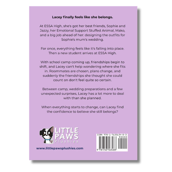 The back cover of a Little Paws Plushies book or booklet, featuring a light purple background with a black-and-white cartoon character logo, a synopsis of the story 'Lacey finally feels like she belongs,' a barcode, and the website www.littlerawsplushies.