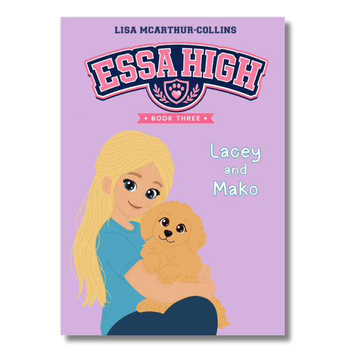 Front cover of the book 'Essa High: Book Three' by Lisa McArthur-Collins, featuring a lavender background with an illustration of a blonde girl holding a small tan dog.