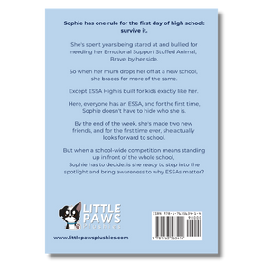 The back cover of a Little Paws Finishes book, featuring a light blue background with black text, a cartoon dog logo, and a barcode.