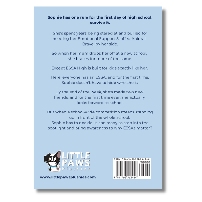 The back cover of a Little Paws Finishes book, featuring a light blue background with black text, a cartoon dog logo, and a barcode.