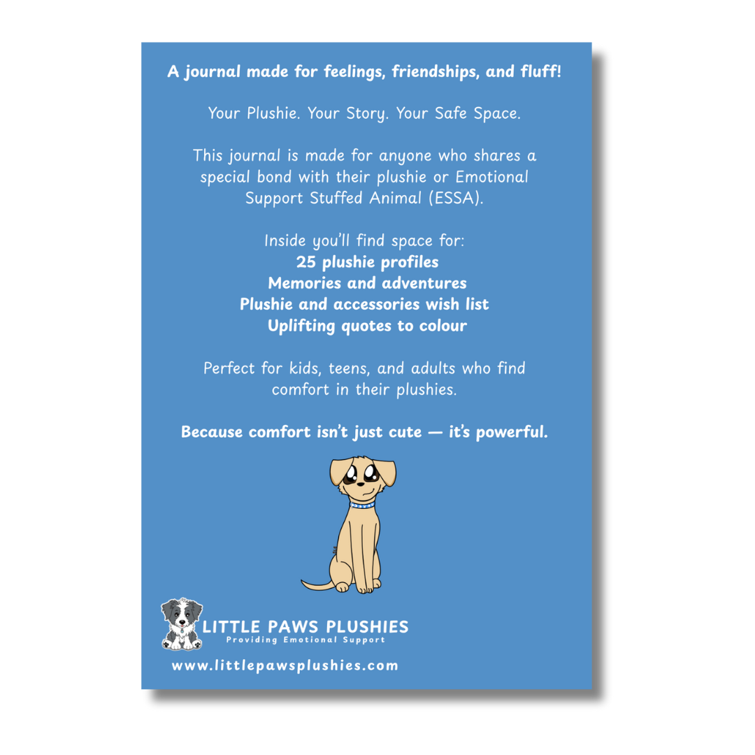 Blue promotional card for a journal by Little Paws Plushies with text and a plush dog illustration.