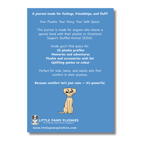 Blue promotional card for a journal by Little Paws Plushies with text and a plush dog illustration.