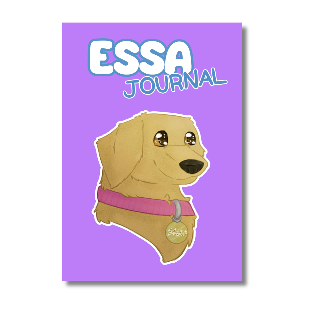 Journal with a dog illustration and 'ESSA JOURNAL' text on a purple background