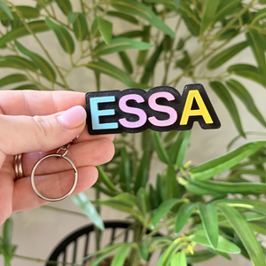 A hand holding a black rectangular keychain with the letters ESSA in pastel blue, pink, and yellow, with a gold-tone key ring. The background is a soft-focus green potted plant.