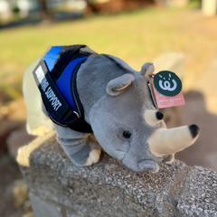Living Nature Plushie White Rhino - Emotional Support Stuffed Animal - wearing a blue emotional support vest