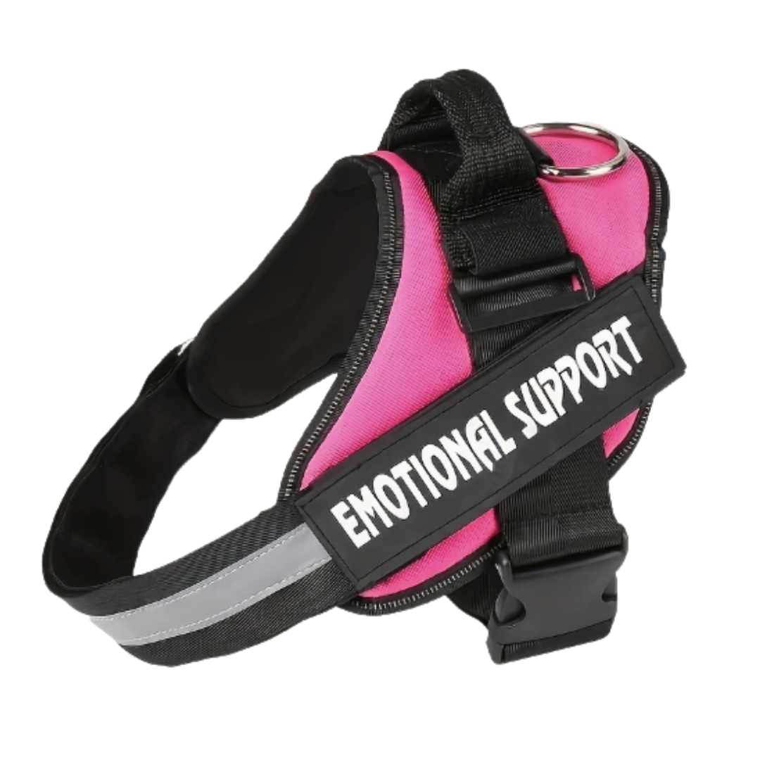 Pink dog harness with 'EMOTIONAL SUPPORT' label on a white background