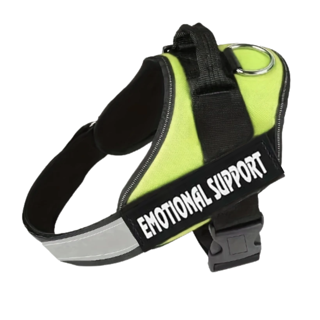 Green dog harness with 'EMOTIONAL SUPPORT' text on a white background