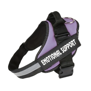 Purple dog vest with 'EMOTIONAL SUPPORT' label on a white background