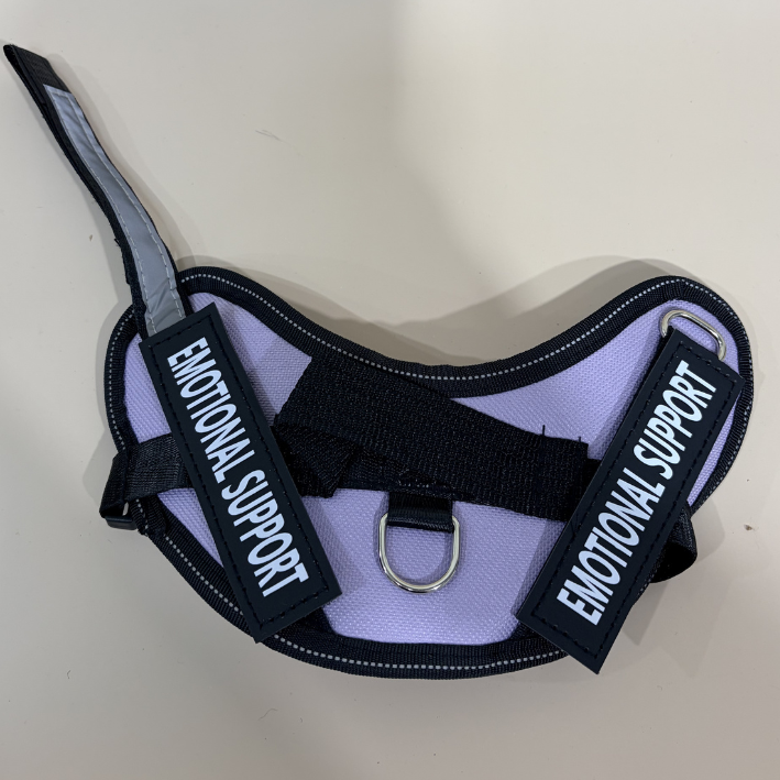 Purple harness with 'Emotional Support' labels on a light gray background