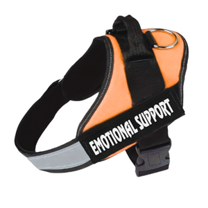Orange and black dog harness with 'EMOTIONAL SUPPORT' text on a white background