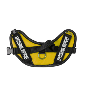 Yellow harness with 'Emotional Support' text on straps against a white background