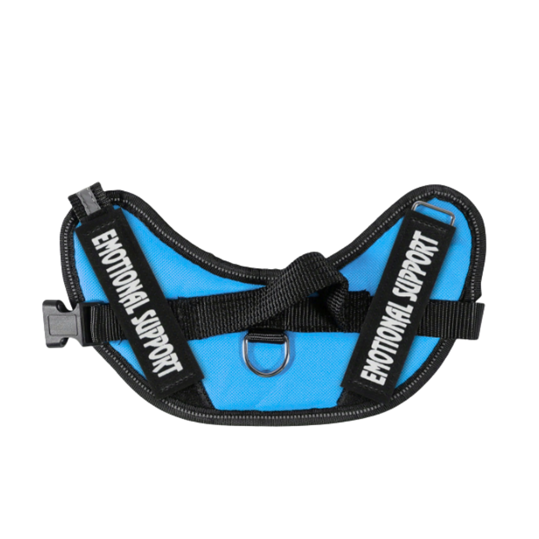 Blue and black 'Emotional Support' dog harness on a white background