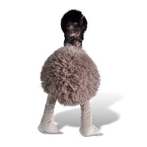 A plush ostrich costume shown from the back on a white background. The costume features a shaggy brown and gray body, a dark brown neck, and light beige legs.