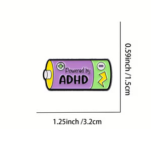 Battery-shaped sticker with 'Powered by ADHD' text and dimensions on a white background
