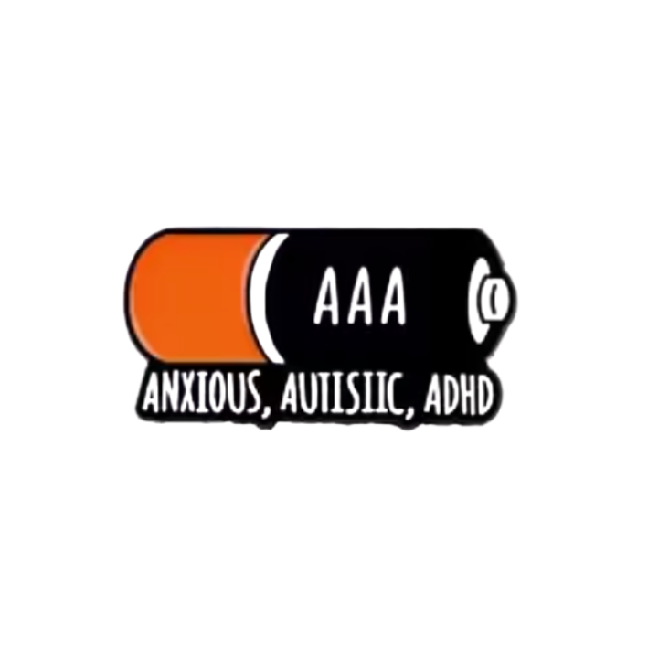AAA battery icon with text 'Anxious, Autistic, ADHD' on a white background