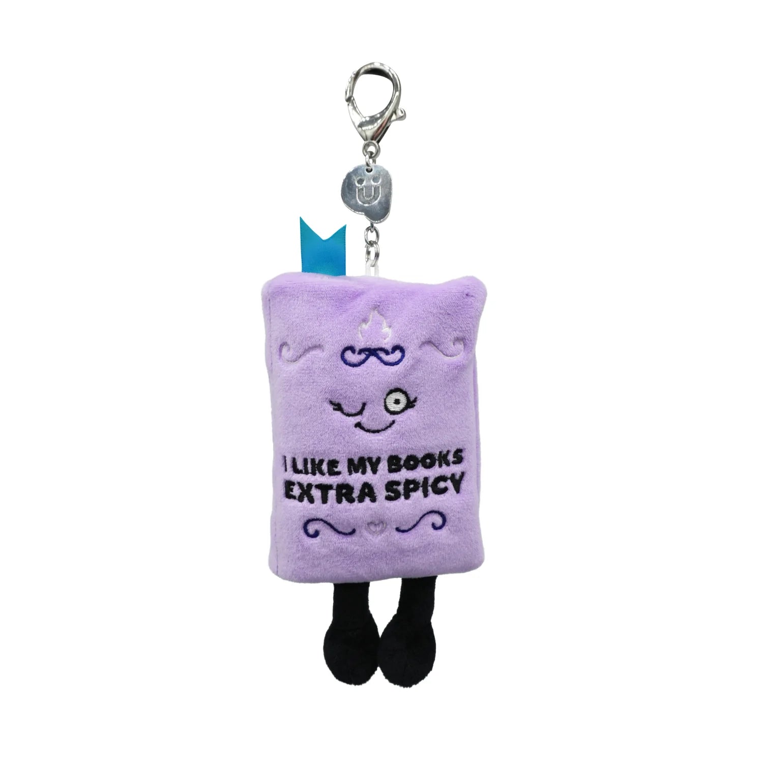 Plush keychain with a purple bag design and text on a white background