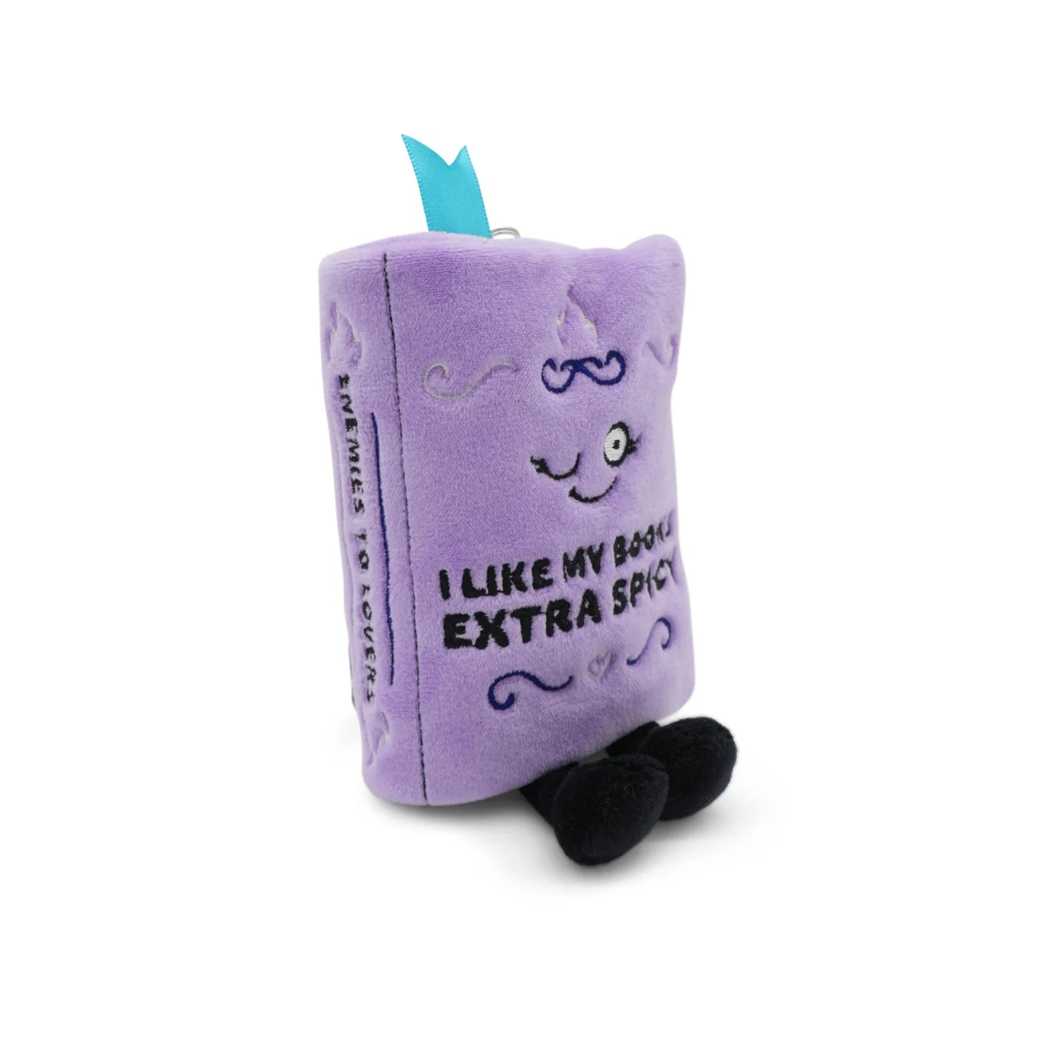 Purple plush toy with text on a white background