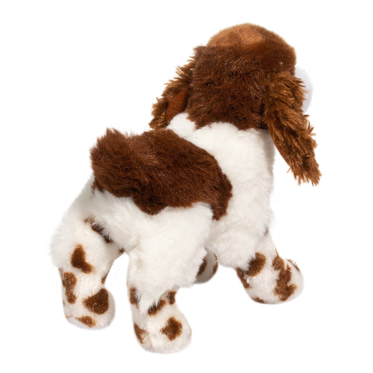 Plush toy horse with brown and white pattern on a white background