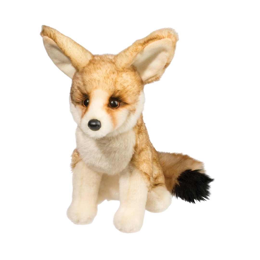 Plush toy fox with brown and black fur on a white background