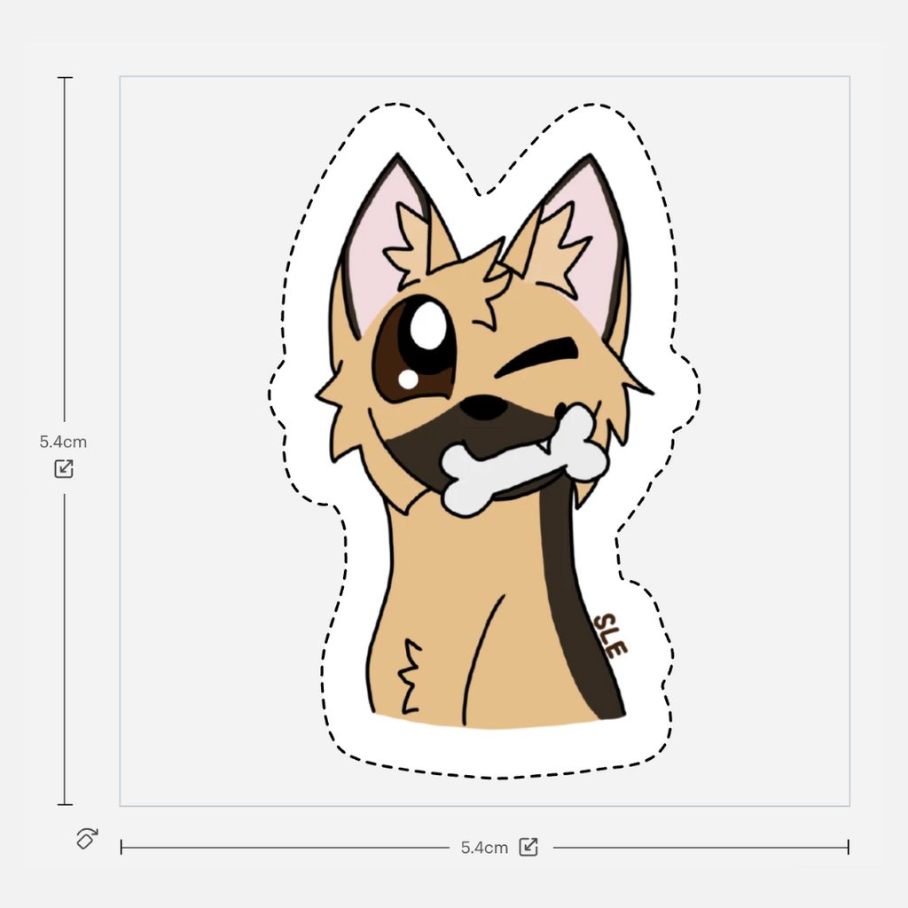 Cartoon dog sticker with a bone, dimensions shown on a white background