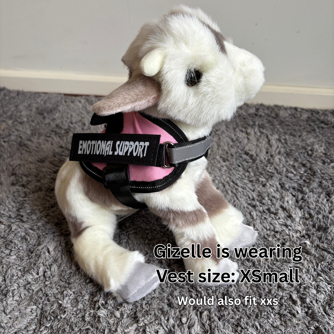 Stuffed animal wearing an 'Emotional Support' vest on a gray carpet